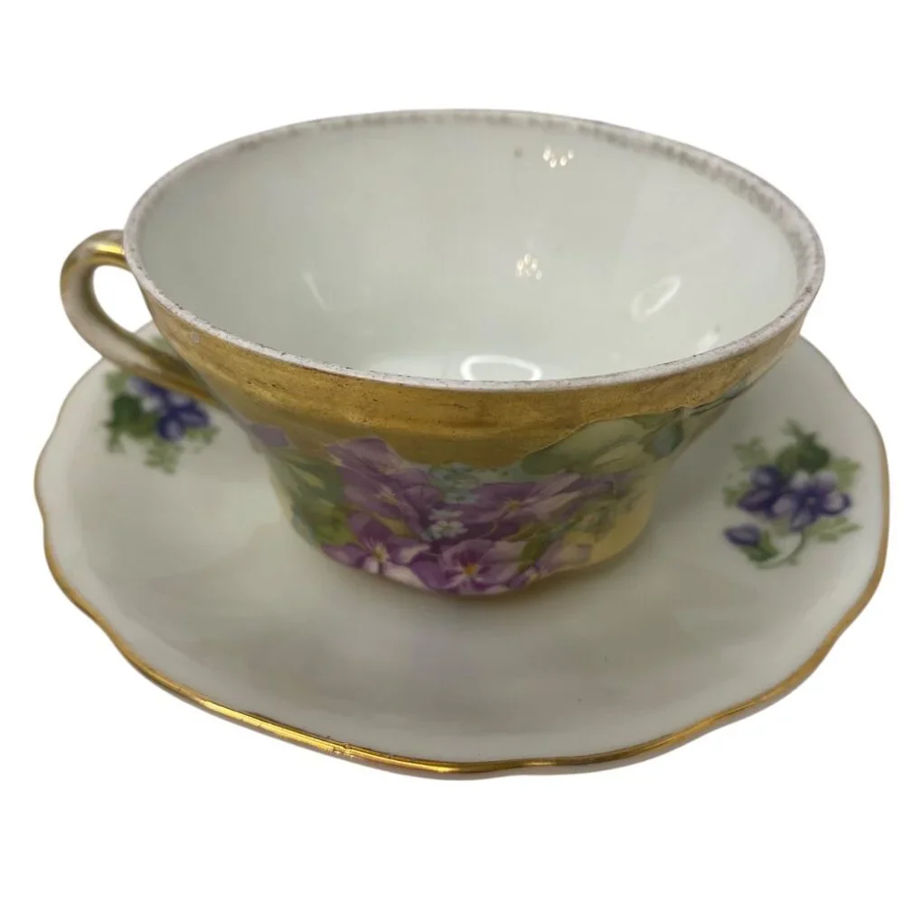 Vintage Imperial Austria Porcelain Tea Cup Japan Saucer Purple‎ Floral Gold